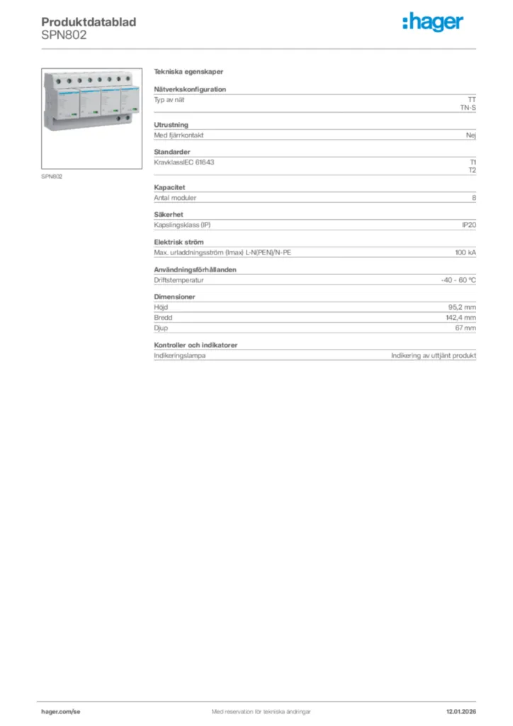 Bild Hager Produktdatablad SPN802 | Hager Sverige