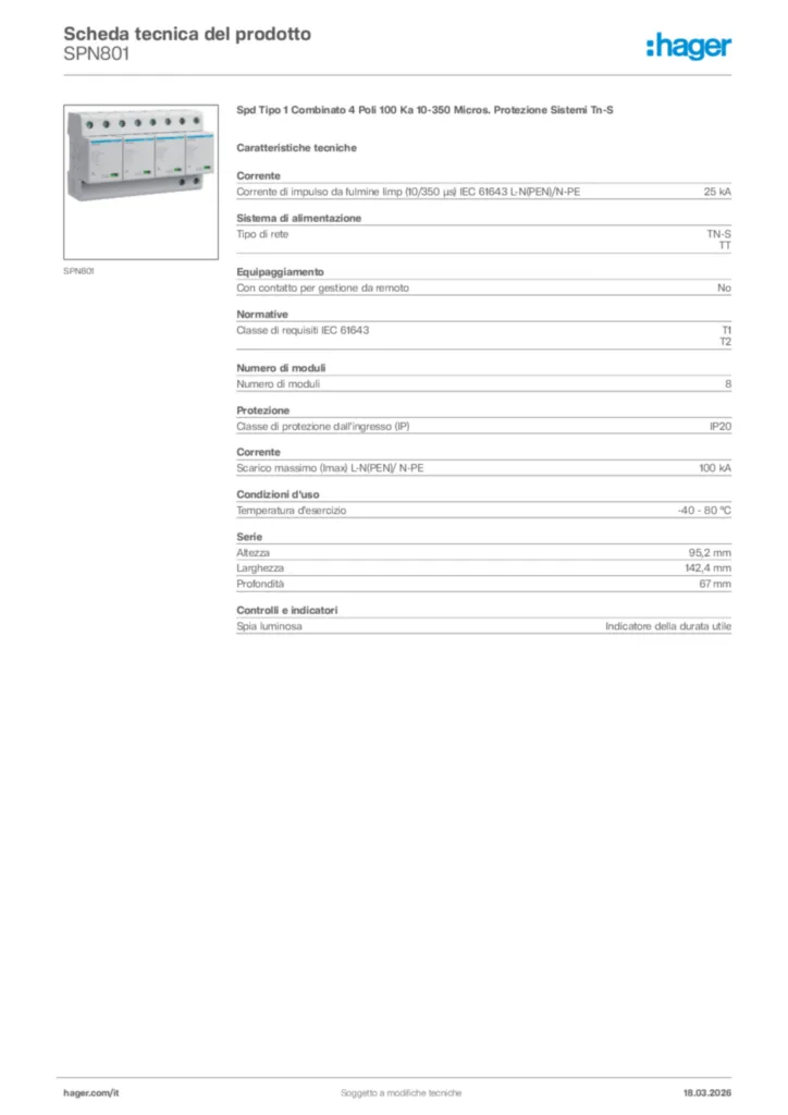 Immagine Hager Scheda tecnica del prodotto SPN801 | Hager Italia