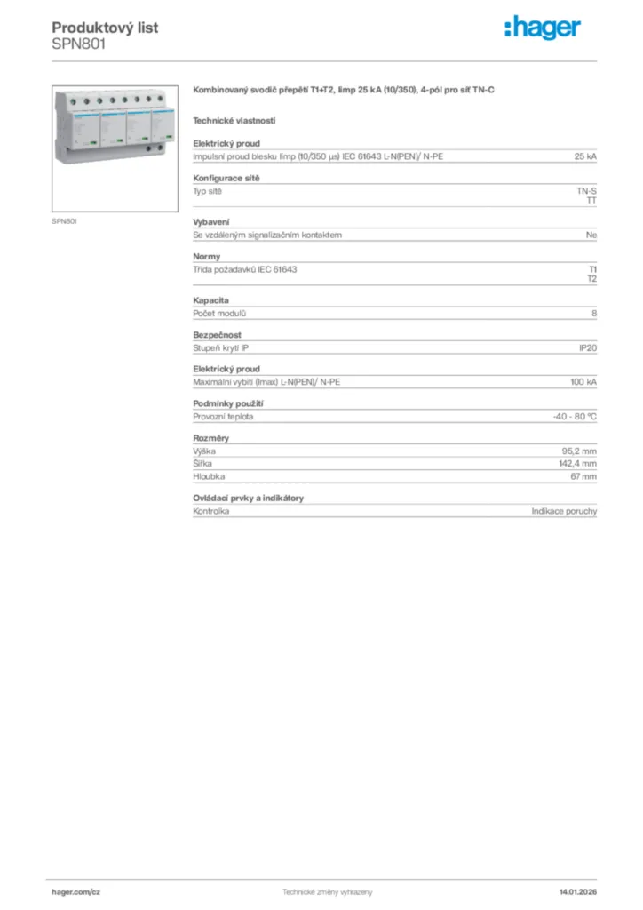 Obrázek Hager Product data sheet SPN801 | Hager