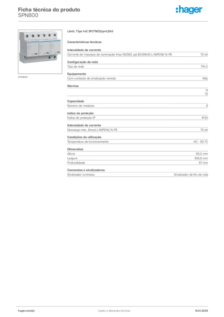 Imagem Hager Ficha técnica do produto SPN800 | Hager Portugal