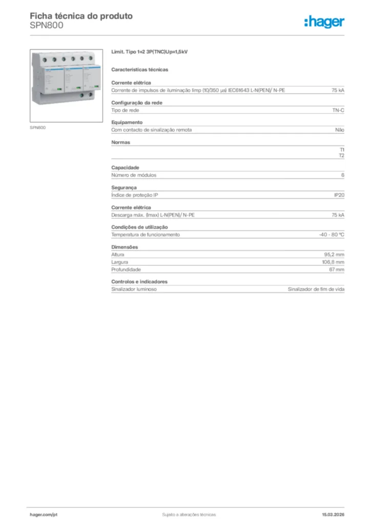 Imagem Hager Ficha técnica do produto SPN800 | Hager Portugal
