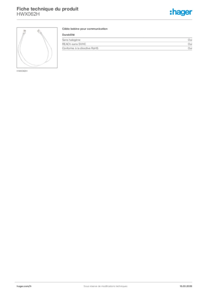Image Hager Fiche technique du produit HWX062H | Hager France