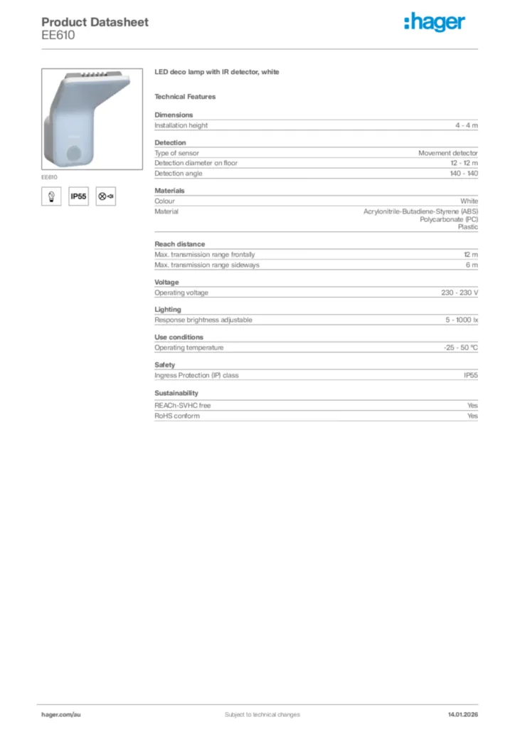 Image Hager Product data sheet EE610  | Hager Australia