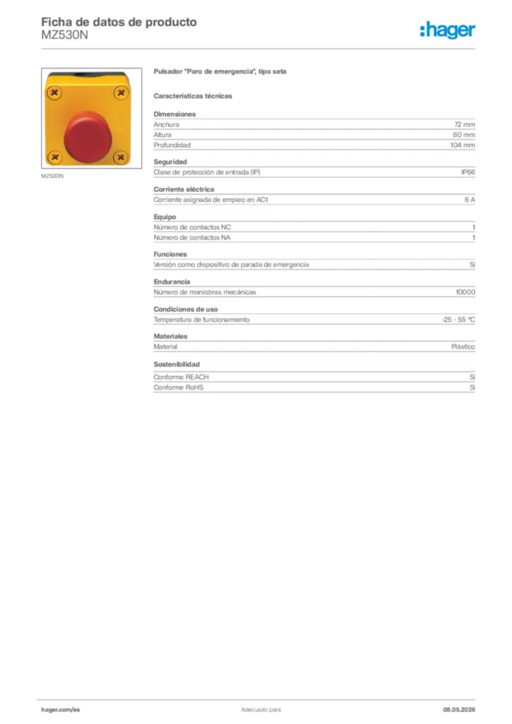 Imagen Hager Ficha de datos de producto MZ530N | Hager España