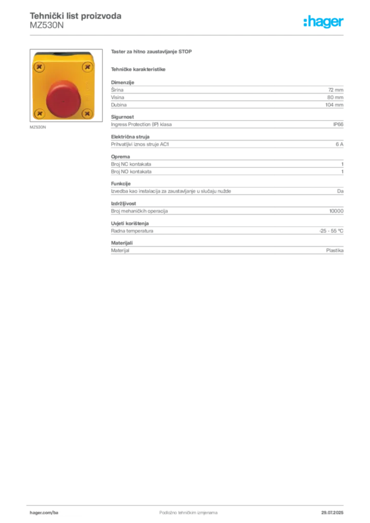 Slika Hager Product data sheet MZ530N  | Hager