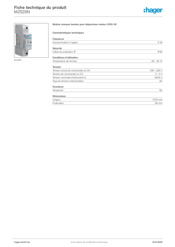 Image Hager Fiche technique du produit MZ528N | Hager Belgique