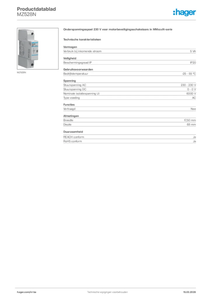 Afbeelding Hager Productdatablad MZ528N | Hager Belgium