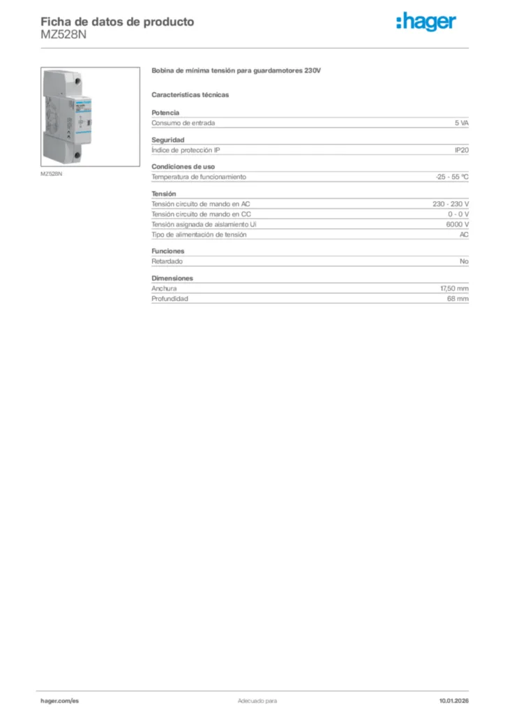Imagen Hager Ficha de datos de producto MZ528N | Hager España