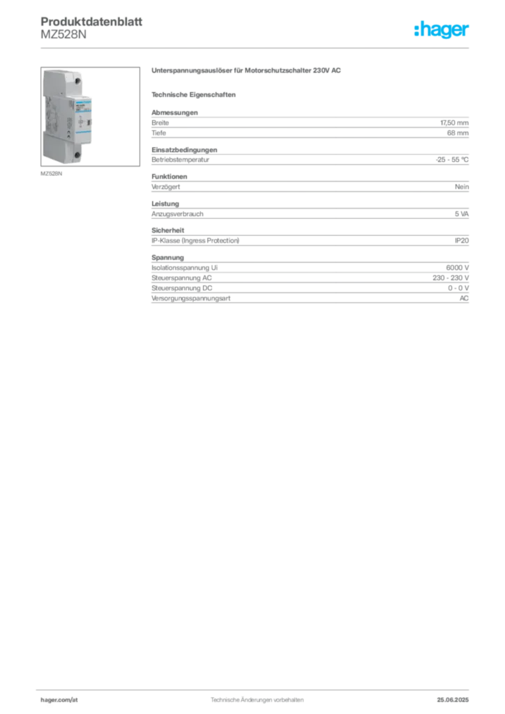Bild Hager Produktdatenblatt MZ528N | Hager Deutschland