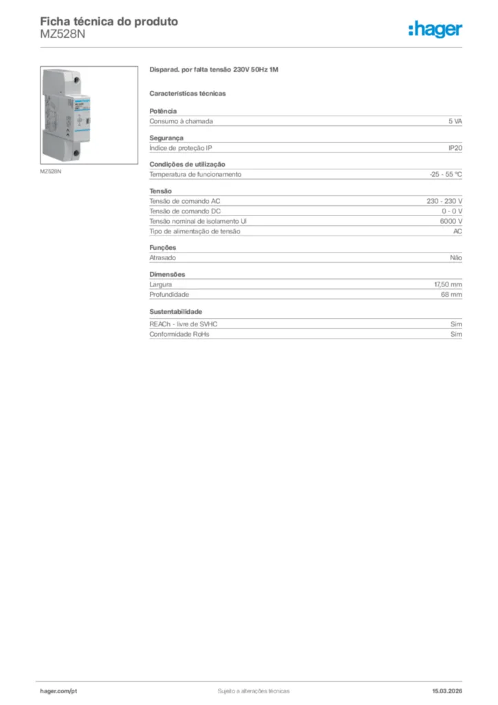 Imagem Hager Ficha técnica do produto MZ528N | Hager Portugal