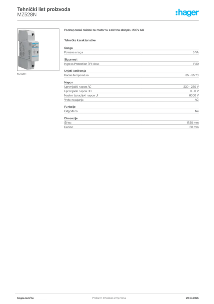 Slika Hager Product data sheet MZ528N  | Hager