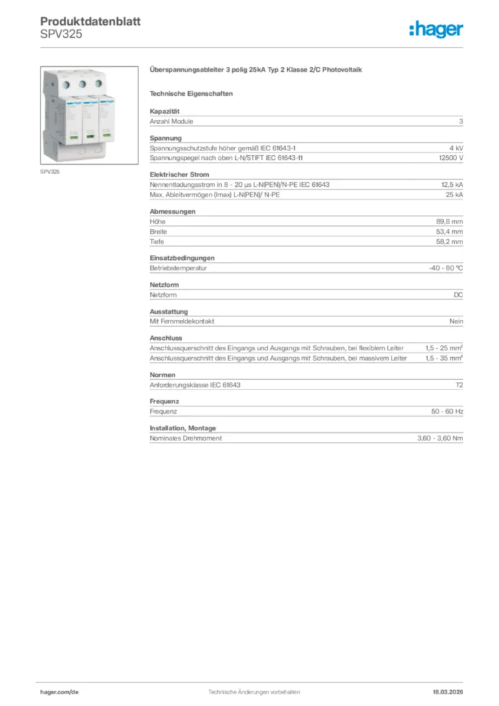 Bild Hager Produktdatenblatt SPV325 | Hager Deutschland