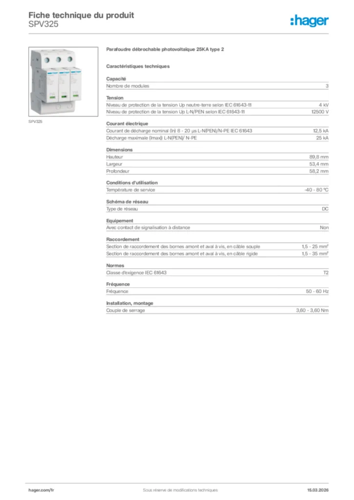 Image Hager Fiche technique du produit SPV325 | Hager France