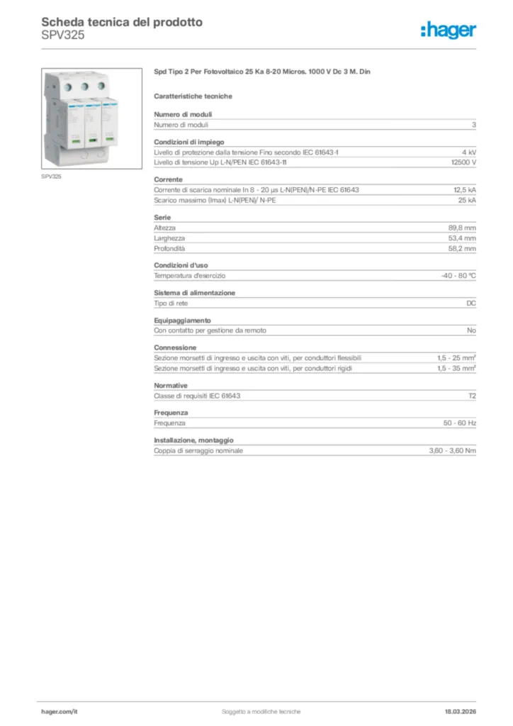 Immagine Hager Scheda tecnica del prodotto SPV325 | Hager Italia