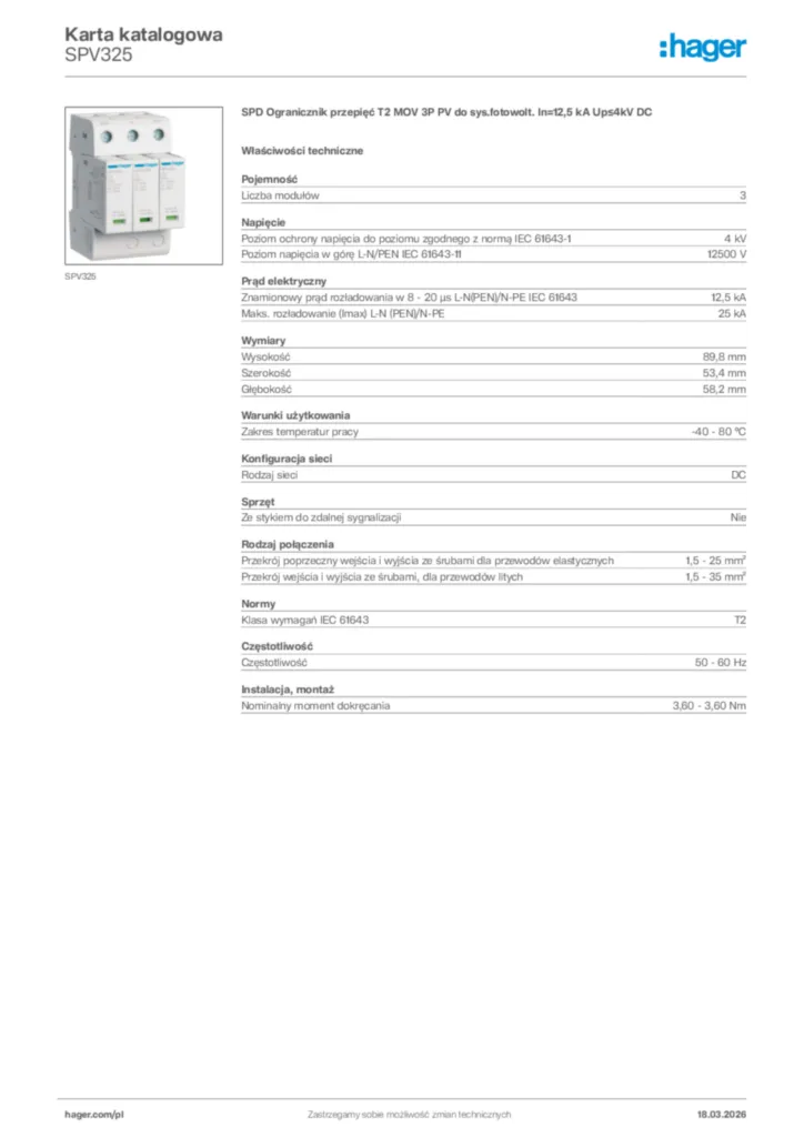 Zdjęcie Hager Karta katalogowa SPV325 | Hager Polska