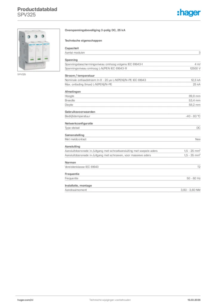 Afbeelding Hager Productdatablad SPV325 | Hager Nederland