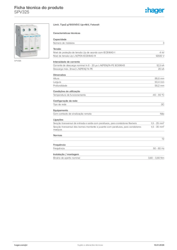 Imagem Hager Ficha técnica do produto SPV325 | Hager Portugal