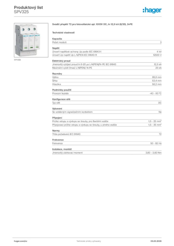 Obrázek Hager Product data sheet SPV325 | Hager