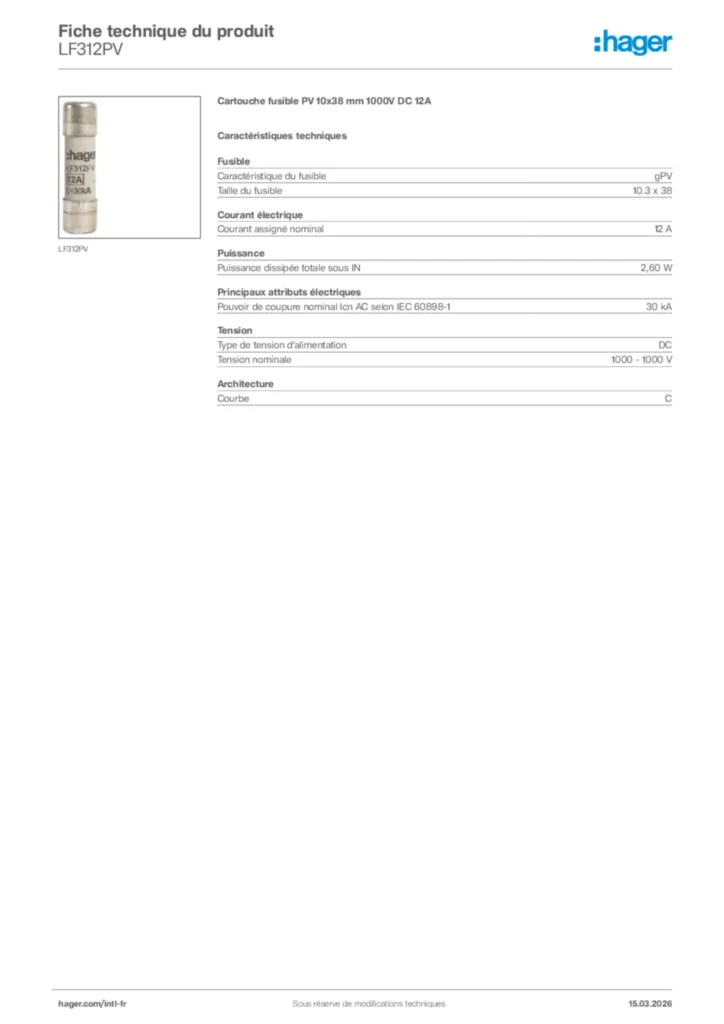 Image Hager Fiche technique du produit LF312PV | Hager Afrique