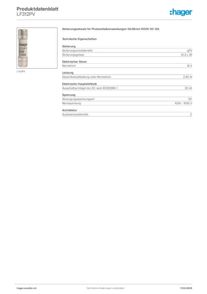 Bild Hager Produktdatenblatt LF312PV | Hager Schweiz