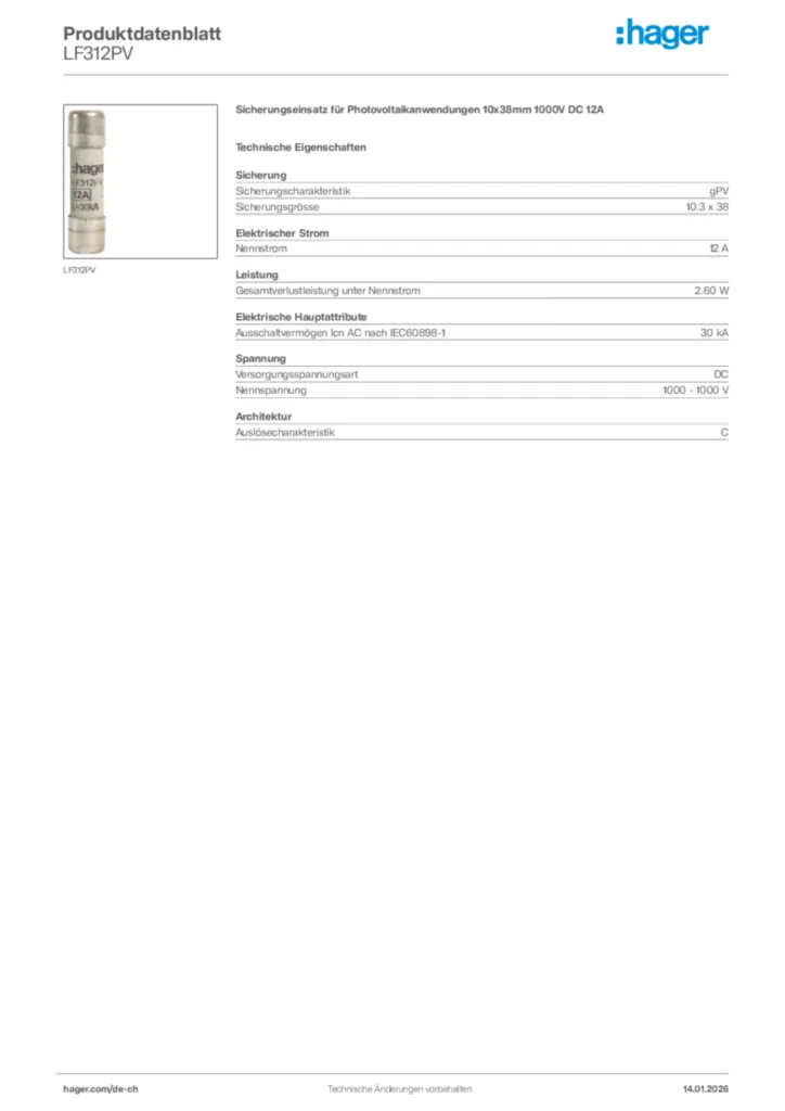 Bild Hager Produktdatenblatt LF312PV | Hager Schweiz