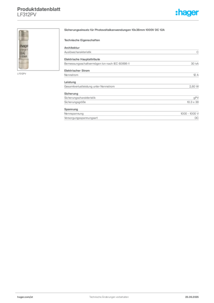 Bild Hager Produktdatenblatt LF312PV | Hager Deutschland