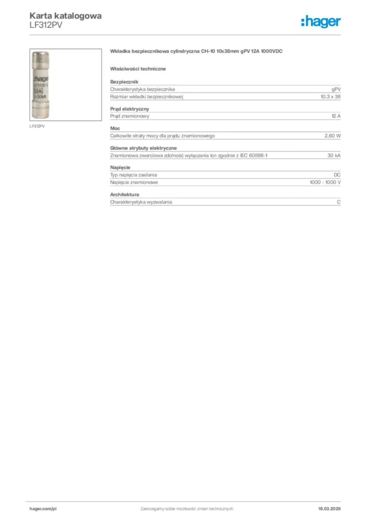 Zdjęcie Hager Karta katalogowa LF312PV | Hager Polska