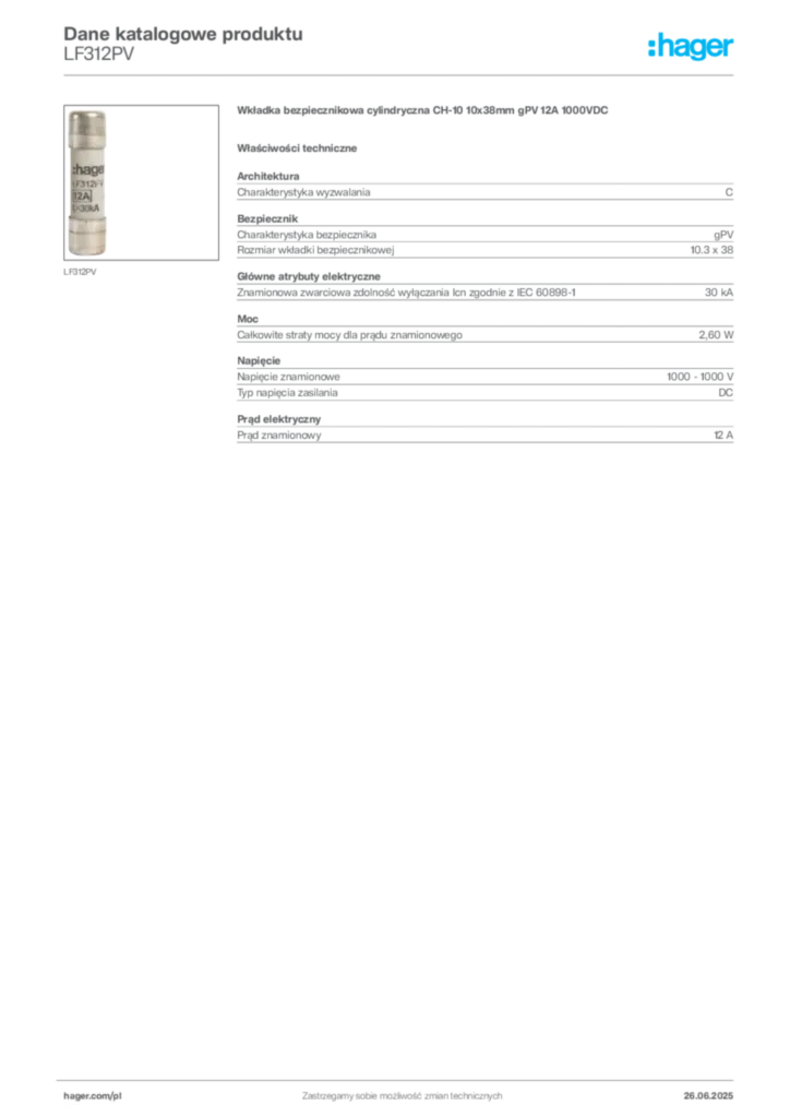 Zdjęcie Hager Dane katalogowe produktu LF312PV | Hager Polska