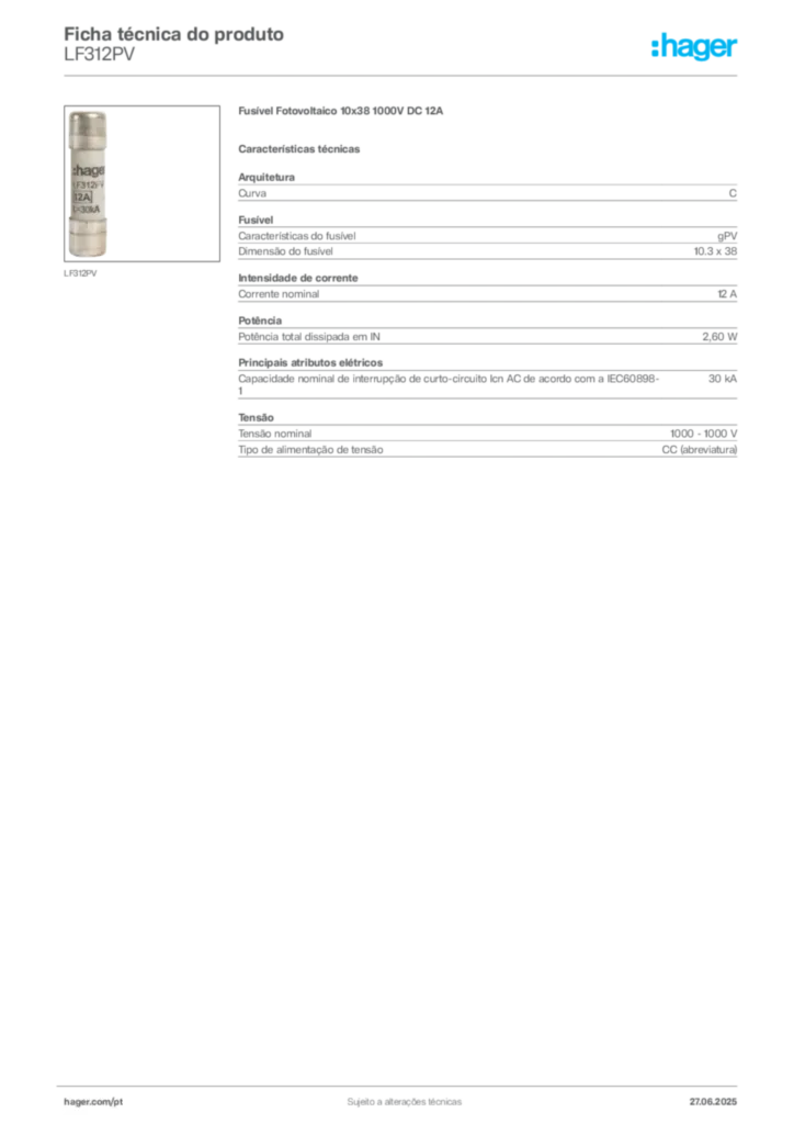 Imagem Hager Ficha técnica do produto LF312PV | Hager Portugal