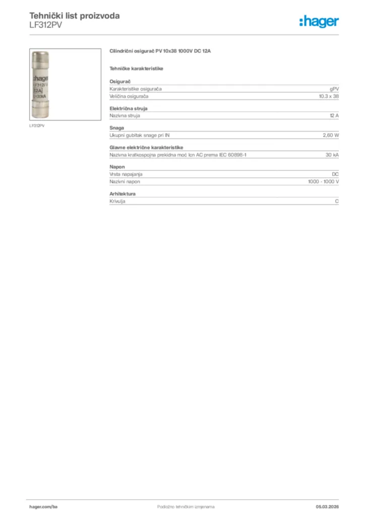Slika Hager Tehnički list proizvoda LF312PV  | Hager