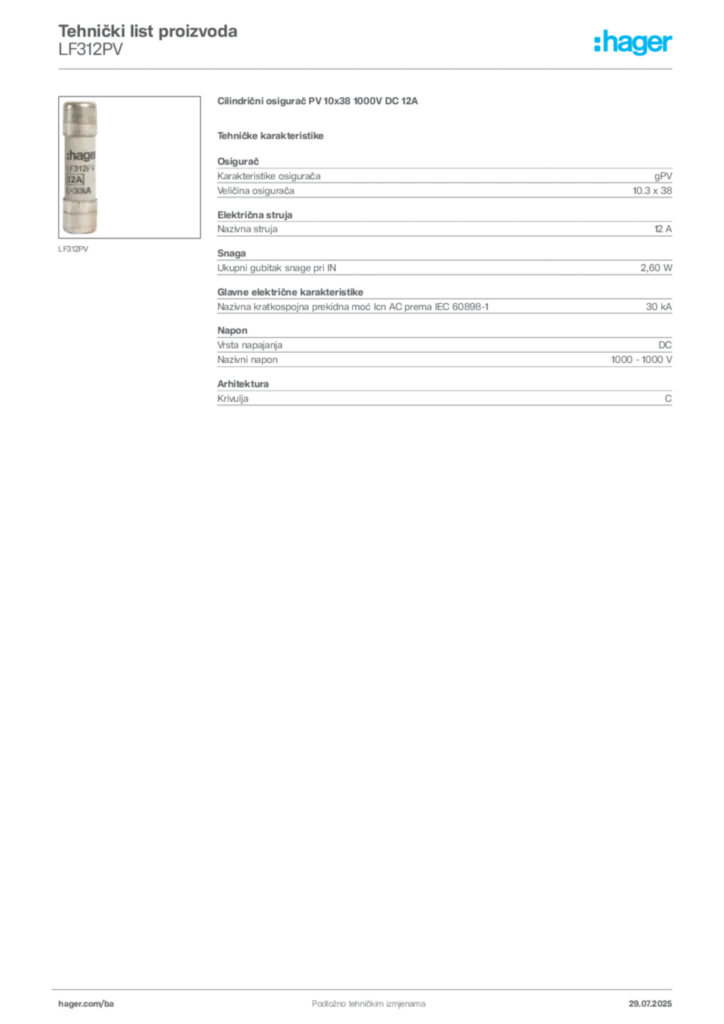 Slika Hager Product data sheet LF312PV  | Hager