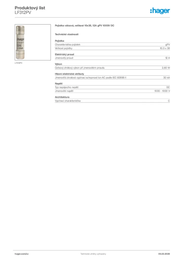 Obrázek Hager Product data sheet LF312PV | Hager