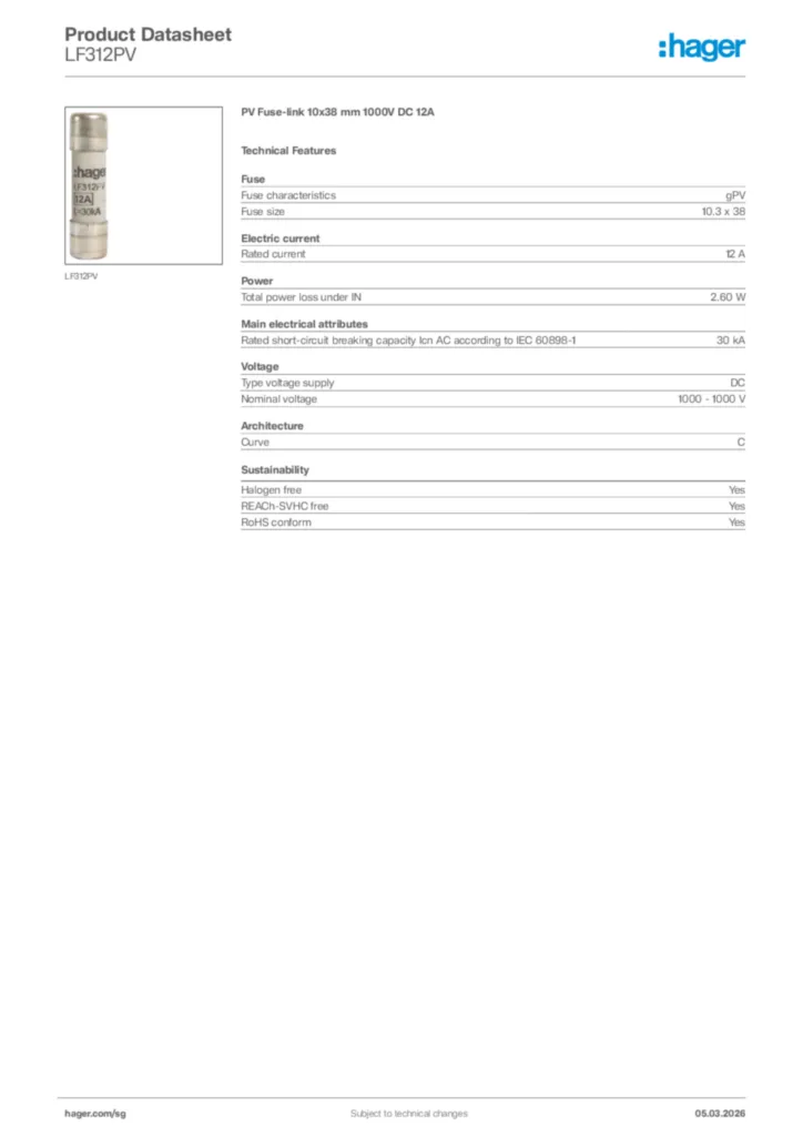 Image Hager Product data sheet LF312PV  | Hager