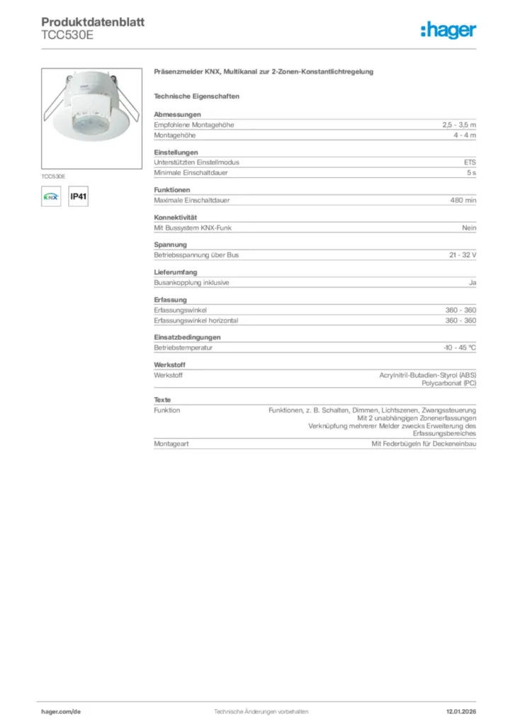 Bild Hager Produktdatenblatt TCC530E | Hager Deutschland