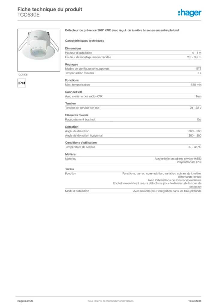 Image Hager Fiche technique du produit TCC530E | Hager France