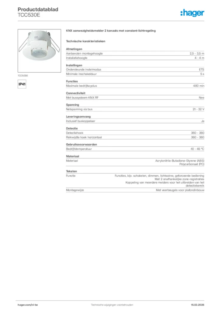 Afbeelding Hager Productdatablad TCC530E | Hager Belgium