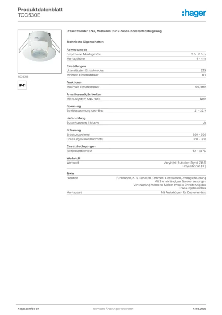 Bild Hager Produktdatenblatt TCC530E | Hager Schweiz