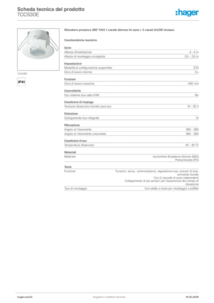 Immagine Hager Scheda tecnica del prodotto TCC530E | Hager Italia