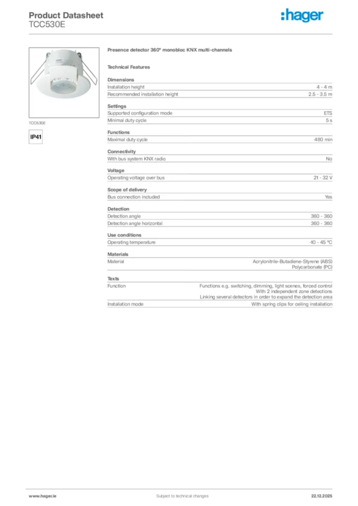 Image Hager Product data sheet TCC530E  | Hager