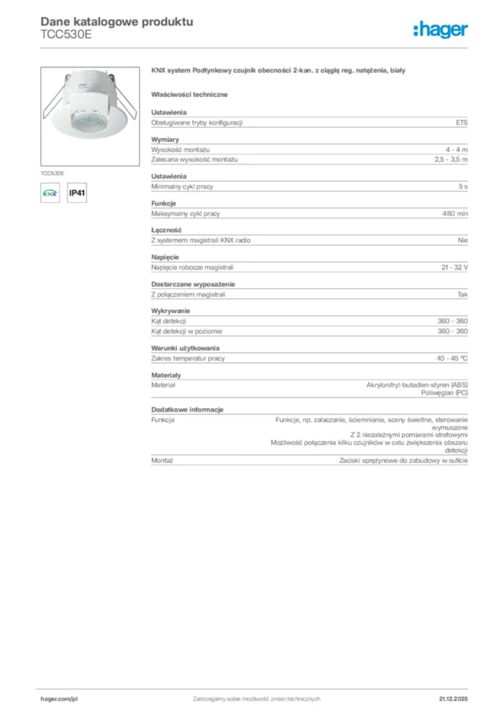 Zdjęcie Hager Dane katalogowe produktu TCC530E | Hager Polska
