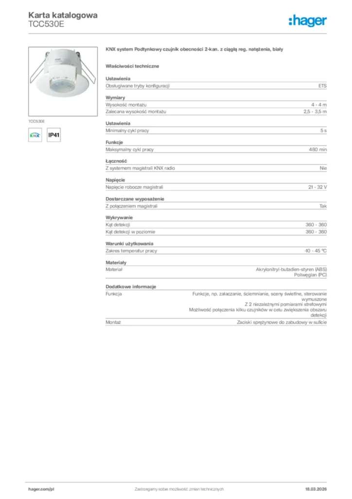 Zdjęcie Hager Karta katalogowa TCC530E | Hager Polska