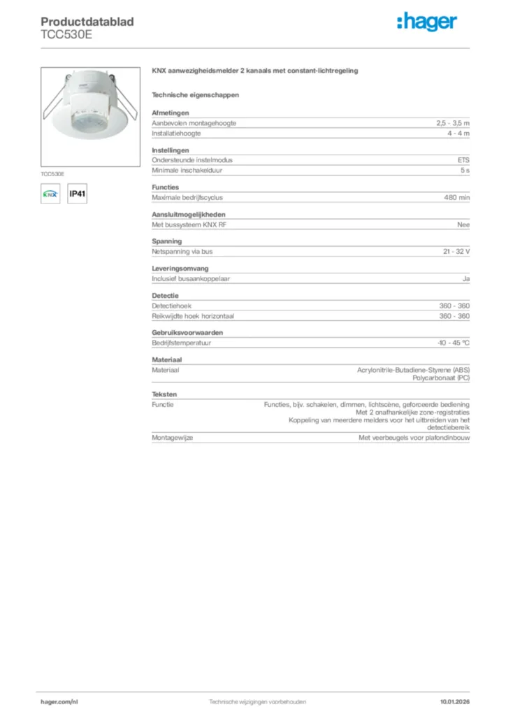 Afbeelding Hager Productdatablad TCC530E | Hager Nederland