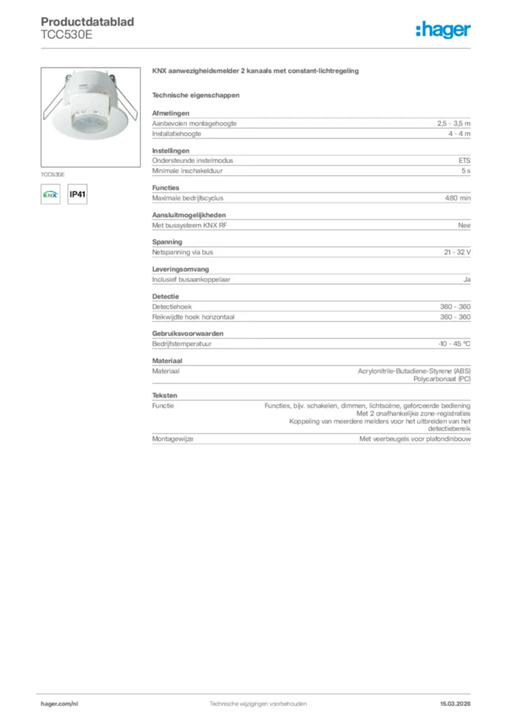 Afbeelding Hager Productdatablad TCC530E | Hager Nederland