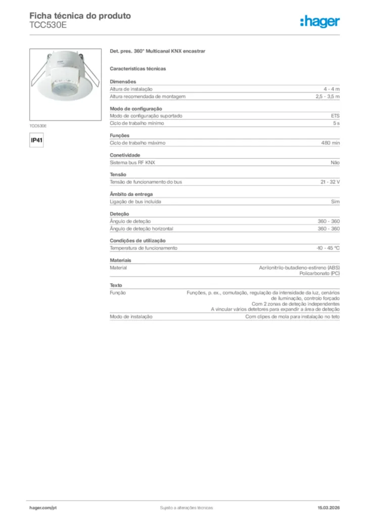 Imagem Hager Ficha técnica do produto TCC530E | Hager Portugal