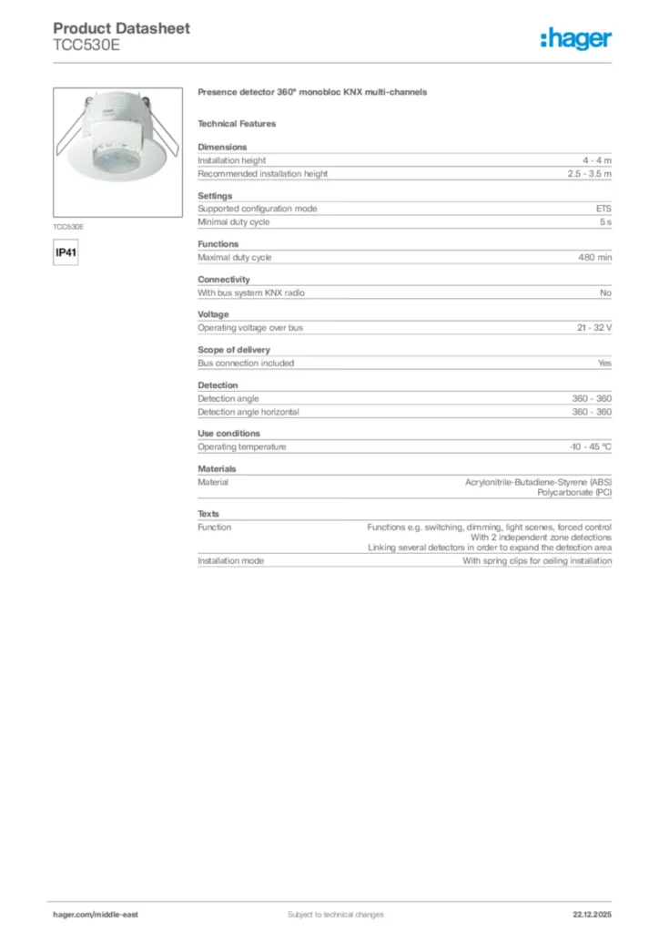 Image Hager Product data sheet TCC530E  | Hager