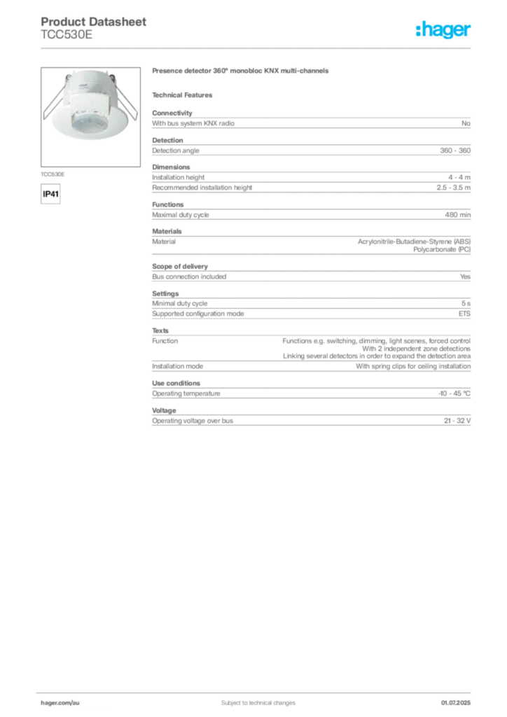 Image Hager Product data sheet TCC530E  | Hager Australia