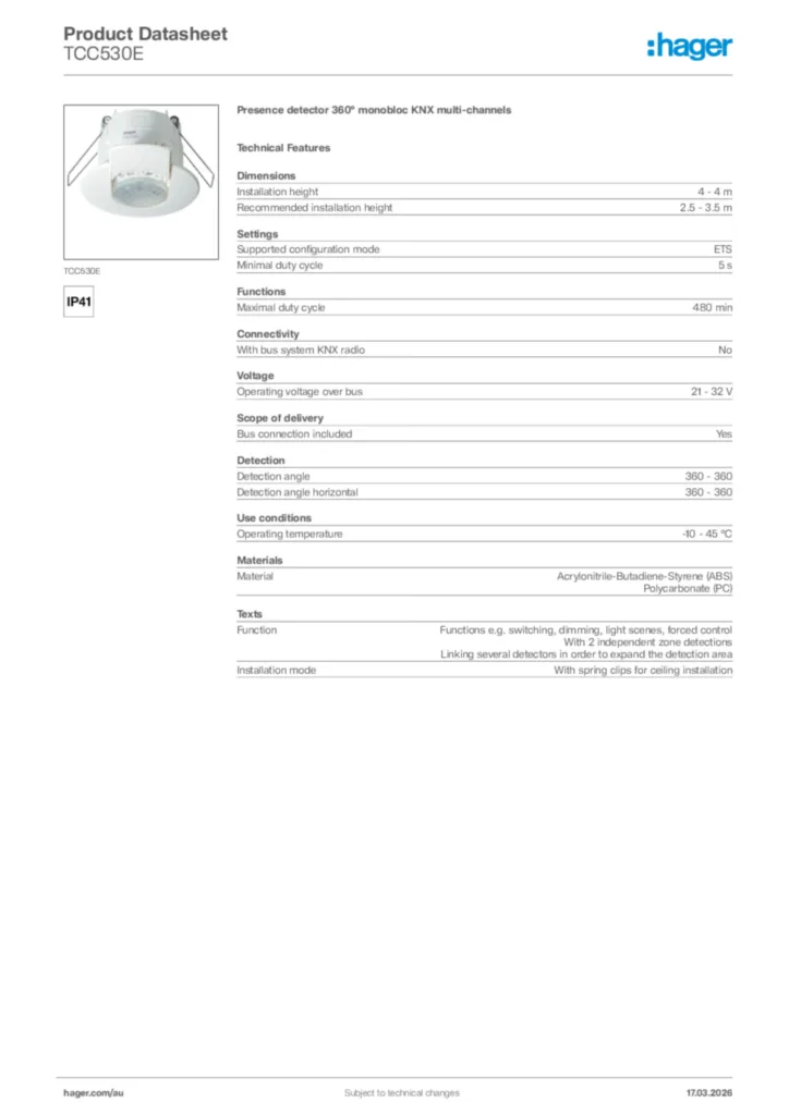 Image Hager Product data sheet TCC530E  | Hager Australia