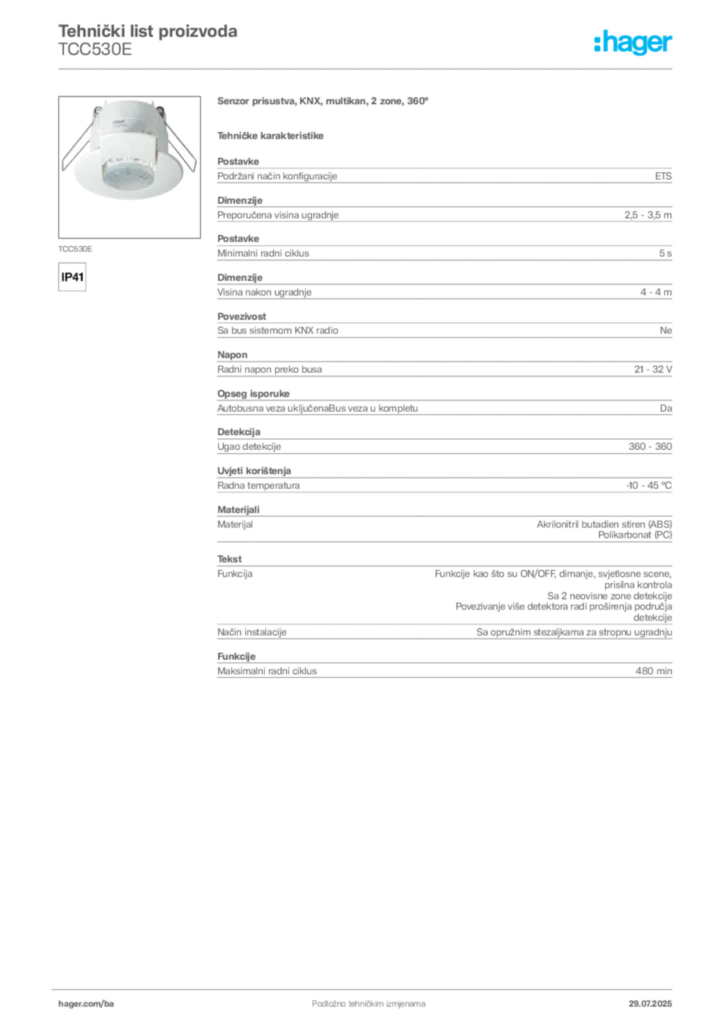 Slika Hager Product data sheet TCC530E  | Hager