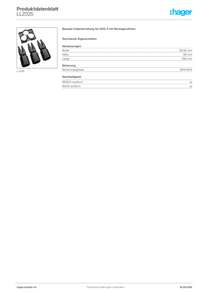 Bild Hager Produktdatenblatt LLZ025 | Hager Schweiz