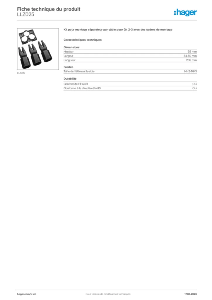 Image Hager Fiche technique du produit LLZ025 | Hager Suisse